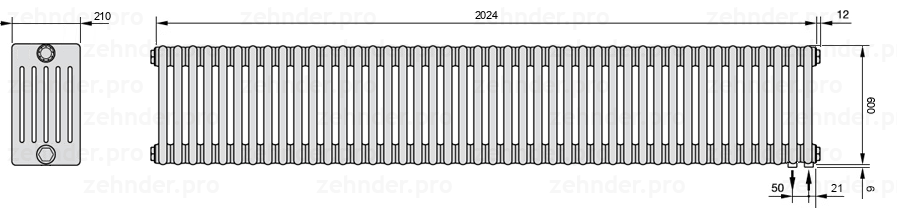 Схема (чертеж) Радиатор Zehnder Charleston 6060/44 №5510 Белый глянцевый RAL 9016